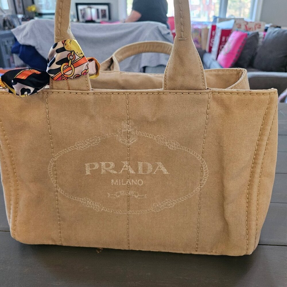 Prada Women's Beige Enameled Metal Triangle Canapa Tote Bag With Twilly - Picture 2 of 16